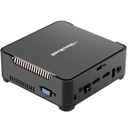 Black mini PC with multiple ports on a white background