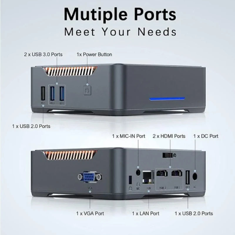 Computer case with multiple ports labeled on a light gray background