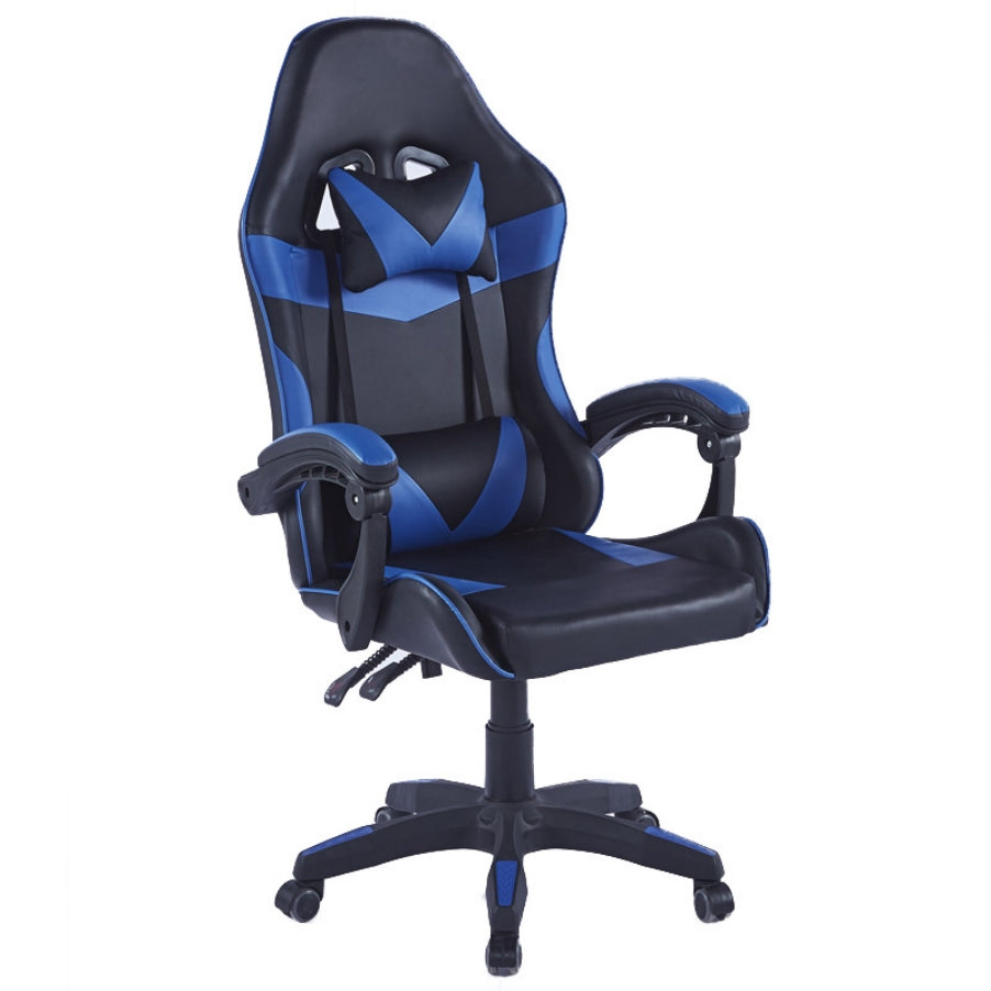 Side angle of a Black and blue ergonomic gaming chair on a white background
