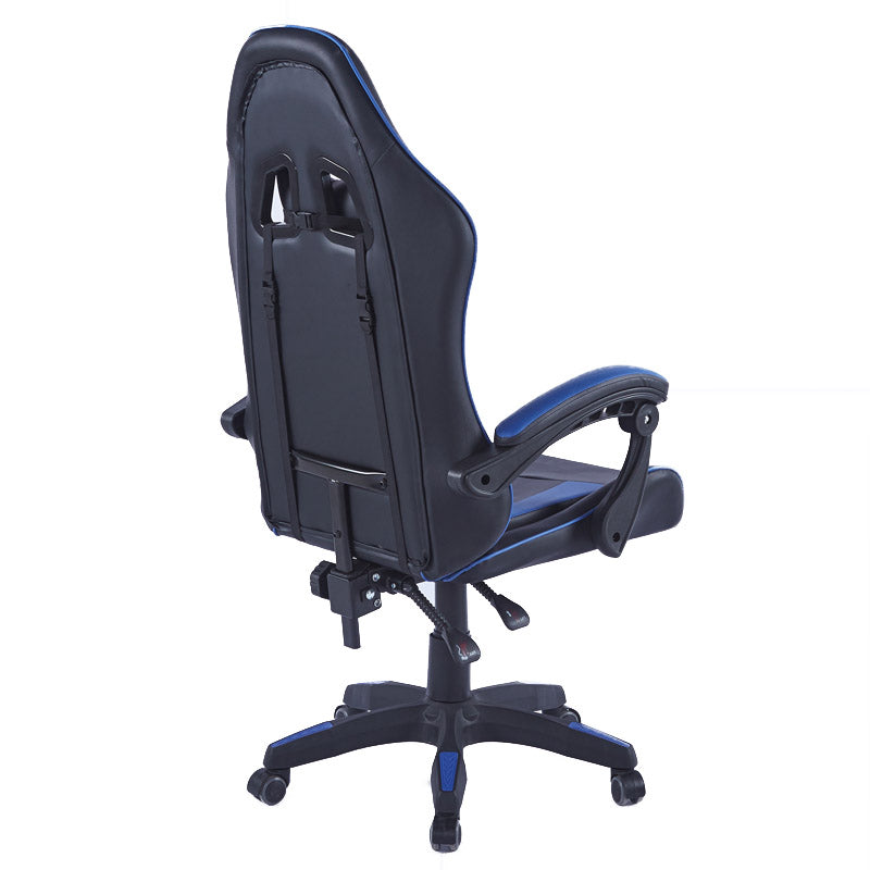 Rear view of a black and blue gaming chair, showing the straps for the support pillows 