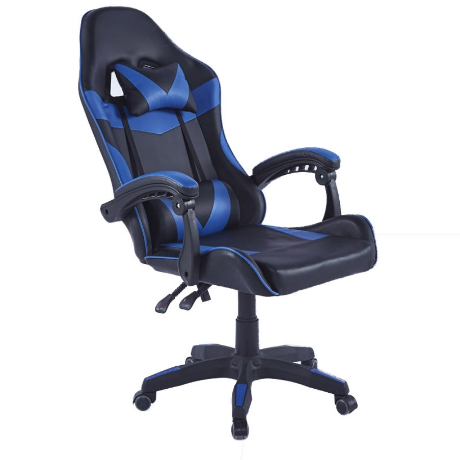 Side angle of a black and blue ergonomic gaming chair in a reclined position 