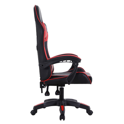 Side view of a red and black ergonomic gaming chair, showing the arm rests and support cushions. 