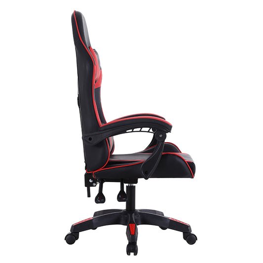 Side view of a red and black ergonomic gaming chair, showing the arm rests and support cushions. 