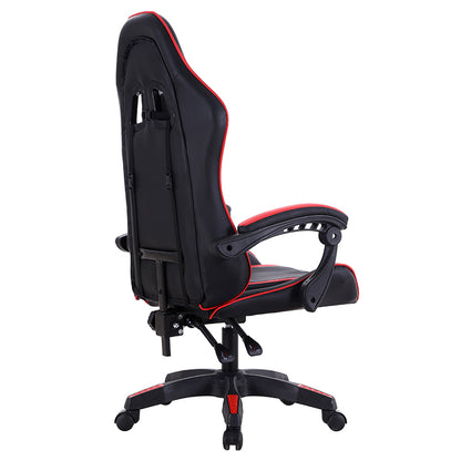 Angled rear view of a black and red gaming chair showing the operating handles, and straps for support pillows
