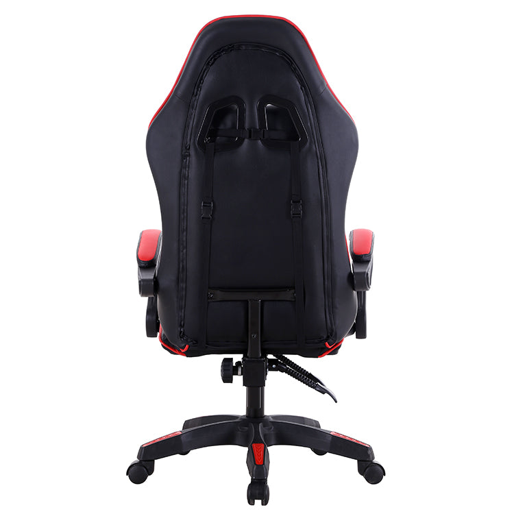 Full rear view of a red and black ergonomic gaming chair