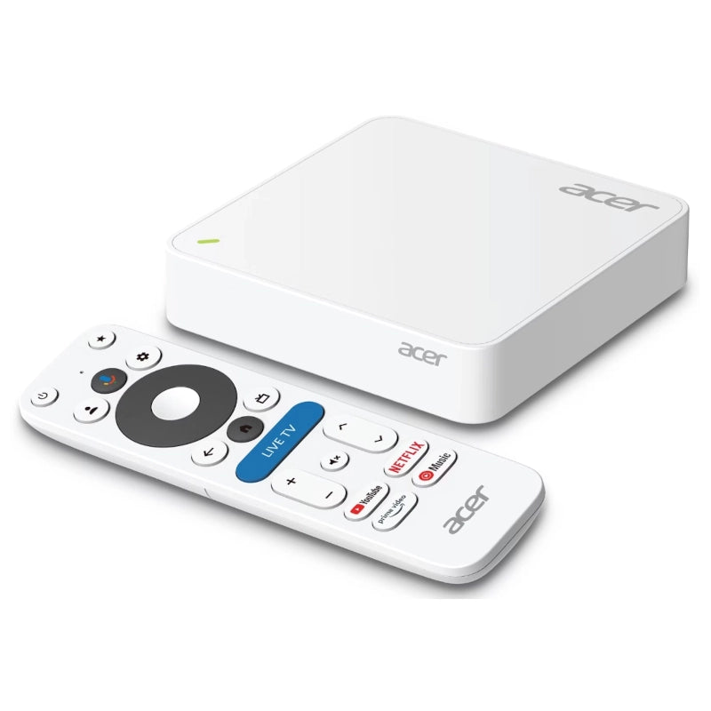 Acer 4K Google TV Box device and remote control on a white background
