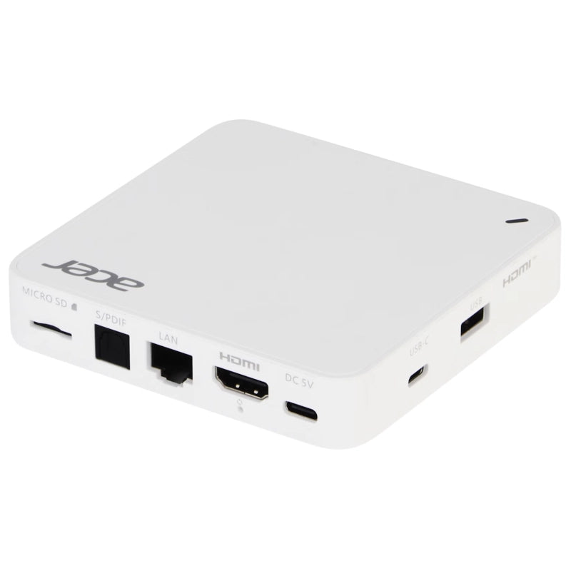 White Acer 4K Google TV Box showing MicroSD slot, S/PDIF, RJ45 LAN, HDMI, power, USB-C and USB-A ports on a white background