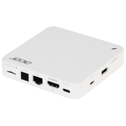 White Acer 4K Google TV Box showing MicroSD slot, S/PDIF, RJ45 LAN, HDMI, power, USB-C and USB-A ports on a white background