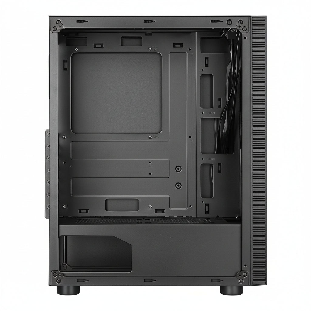 Front view of the Huntkey GS450C mid-tower ATX PC case with tempered glass side panel.

