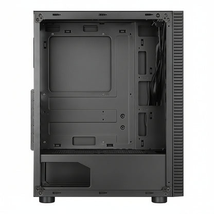 Front view of the Huntkey GS450C mid-tower ATX PC case with tempered glass side panel.


