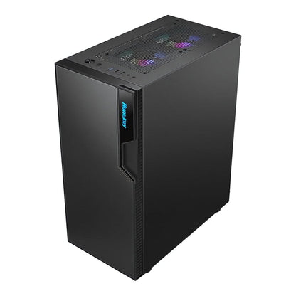 Side profile showing the full tempered glass panel and black finish.

