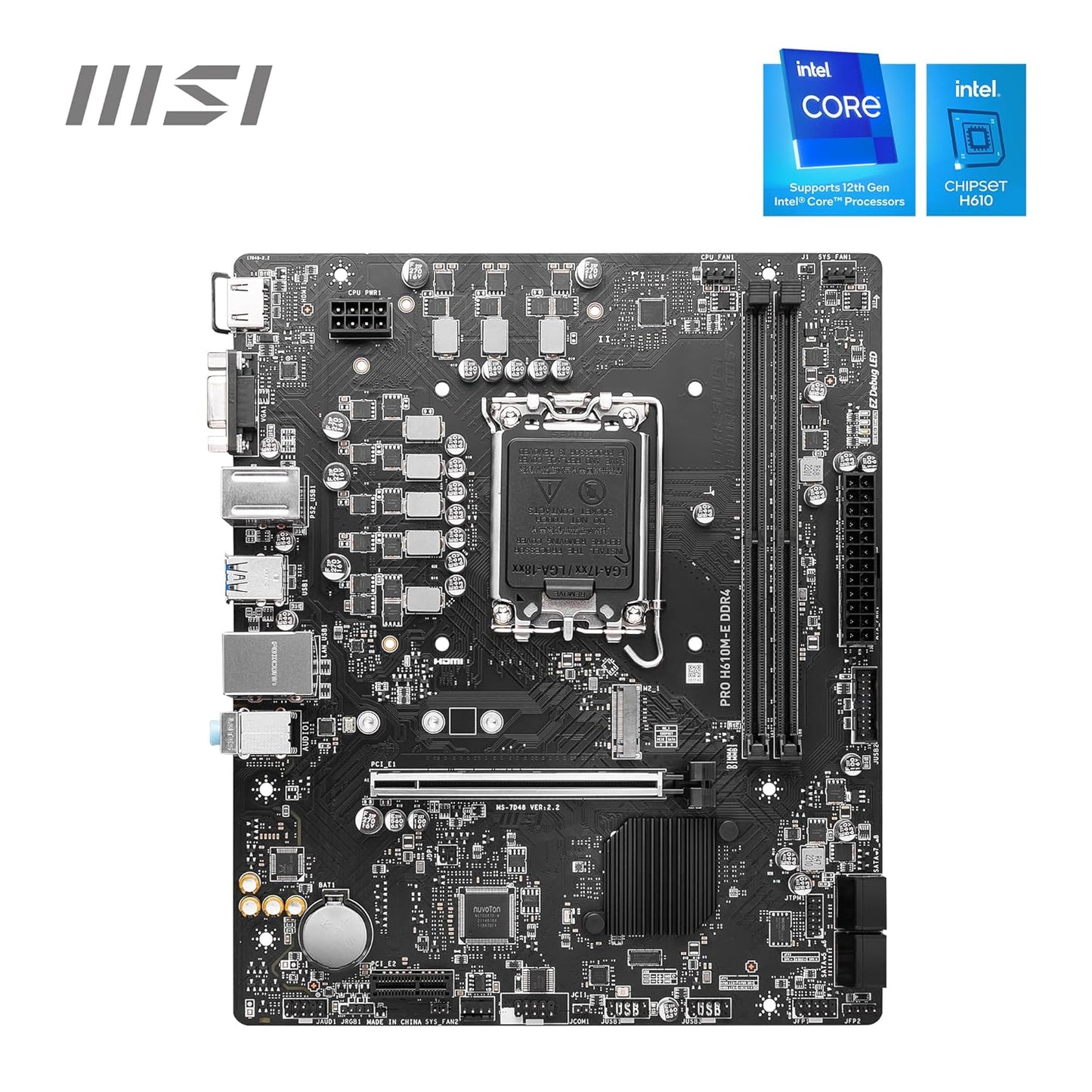 Close-up of LGA 1700 socket on MSI PRO H610M-E motherboard.


