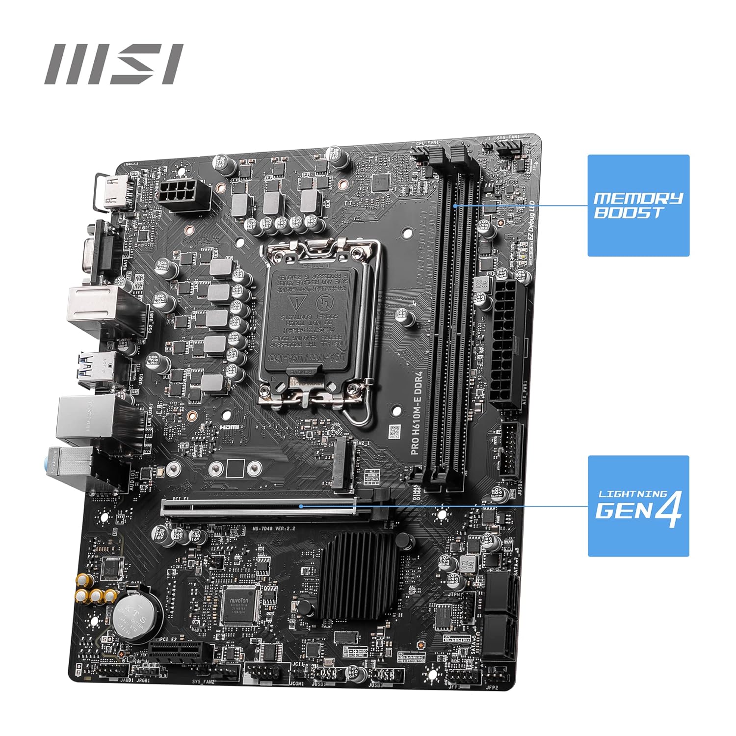 MSI PRO H610M-E board showing DDR4 DIMM slots and M.2 connector.


