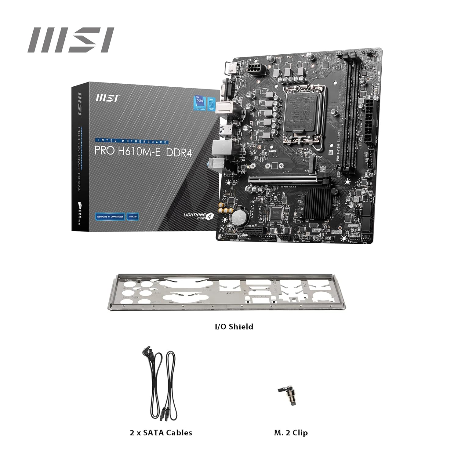 Angle view of MSI PRO H610M-E highlighting PCIe x16 slot and SATA ports.

