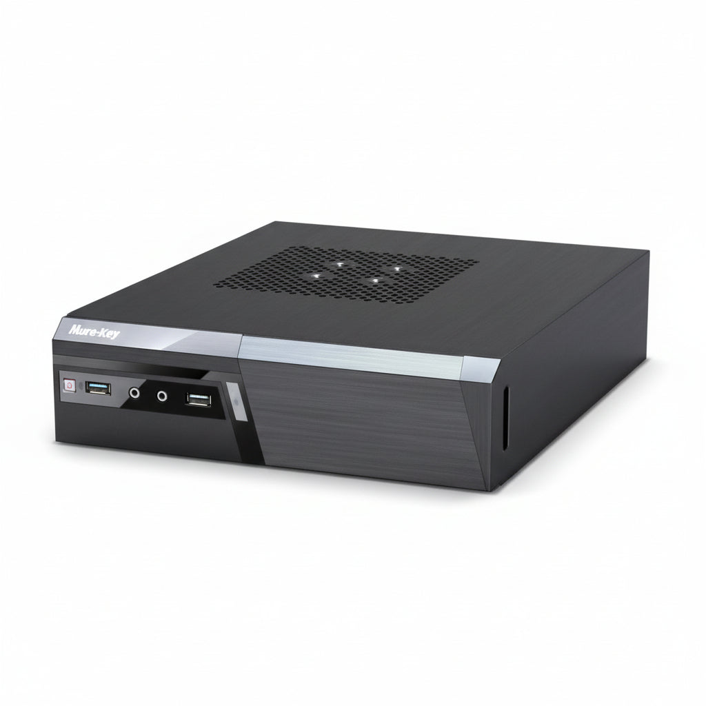 Front view of the Huntkey H702 Mini-ITX PC case in compact design.

