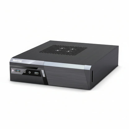 Front view of the Huntkey H702 Mini-ITX PC case in compact design.


