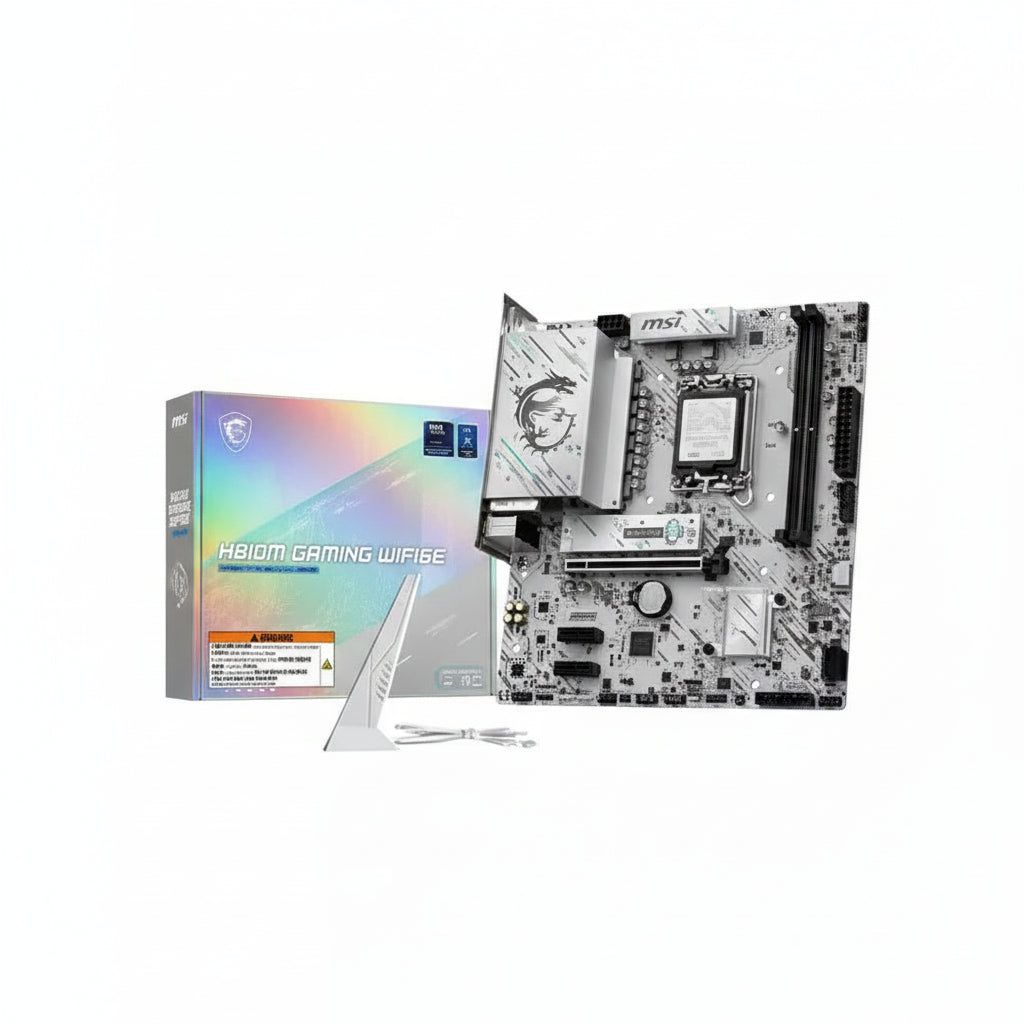 MSI H810M GAMING WIFI6E mATX motherboard top view on black background.

