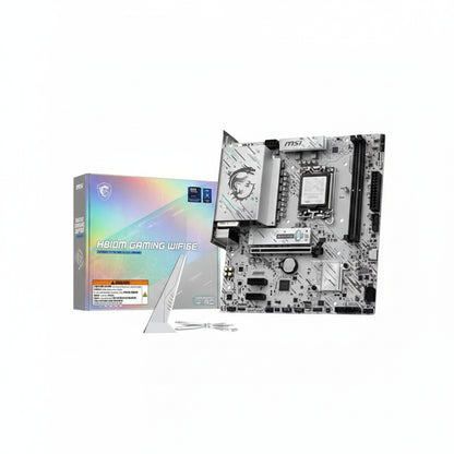 MSI H810M GAMING WIFI6E mATX motherboard top view on black background.

