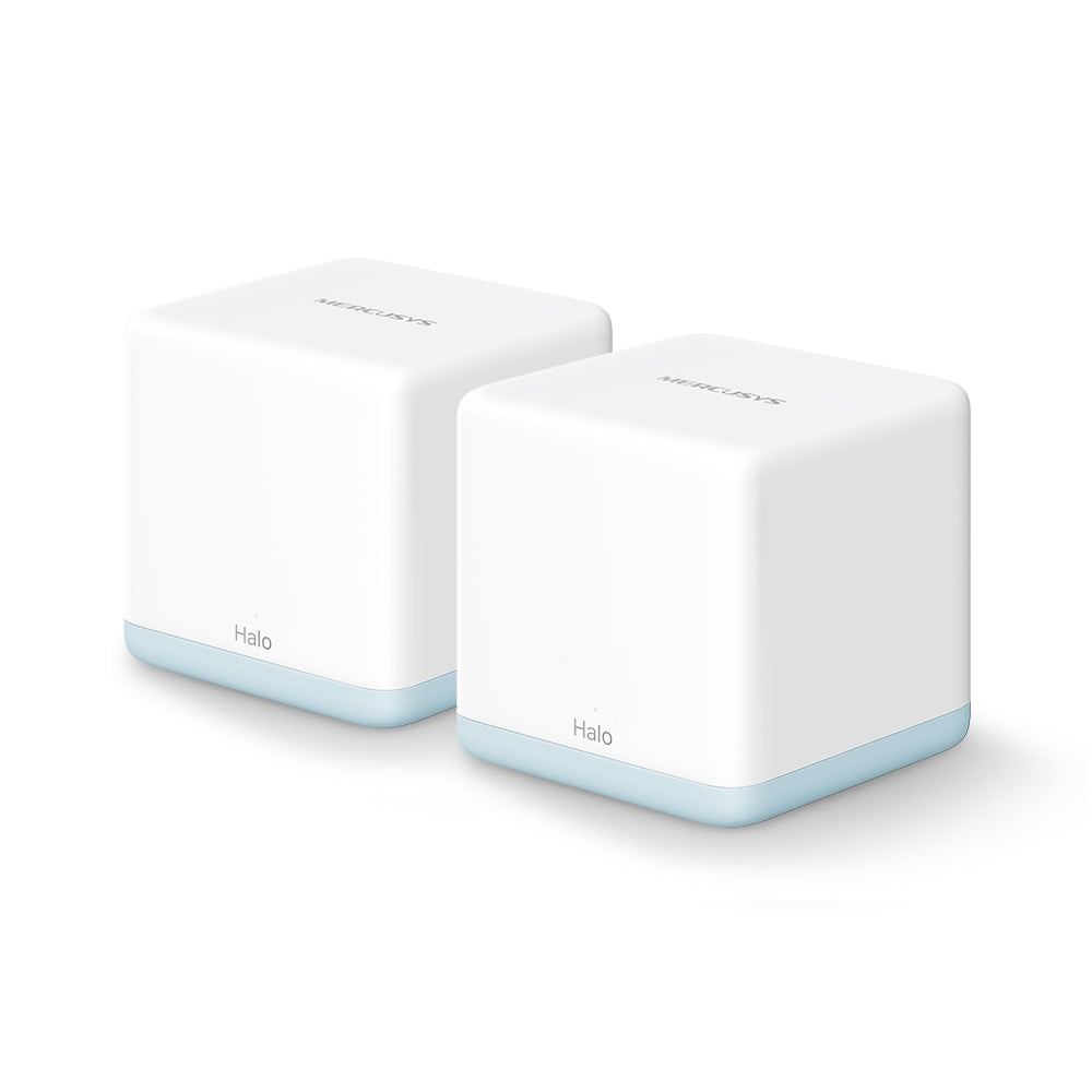 Mercusys Halo H30 showing two compact white units designed for whole-home wireless coverage