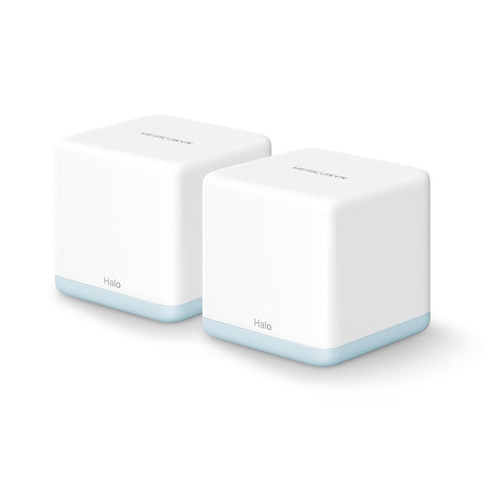 Mercusys Halo H30 showing two compact white units designed for whole-home wireless coverage