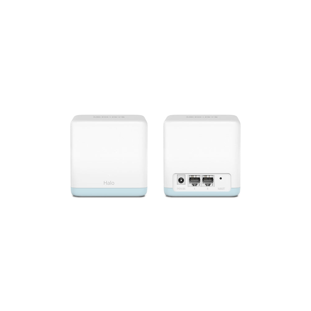 Mercusys Halo H30 dual mesh routers side by side displaying front and rear Ethernet ports and power connections.