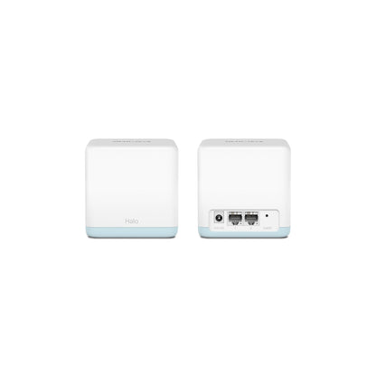 Mercusys Halo H30 dual mesh routers side by side displaying front and rear Ethernet ports and power connections.