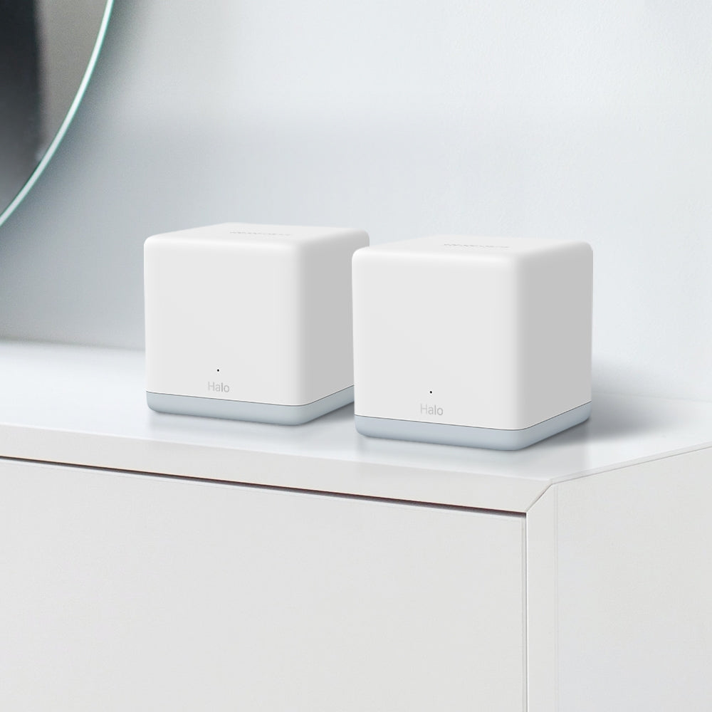 Mercusys Halo H30 showing two units on a cabinet surface with LED 