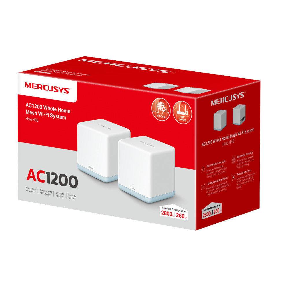 Mercusys Halo H30 mesh Wi-Fi system retail box with red packaging highlighting AC1200 dual-band features and coverage details.