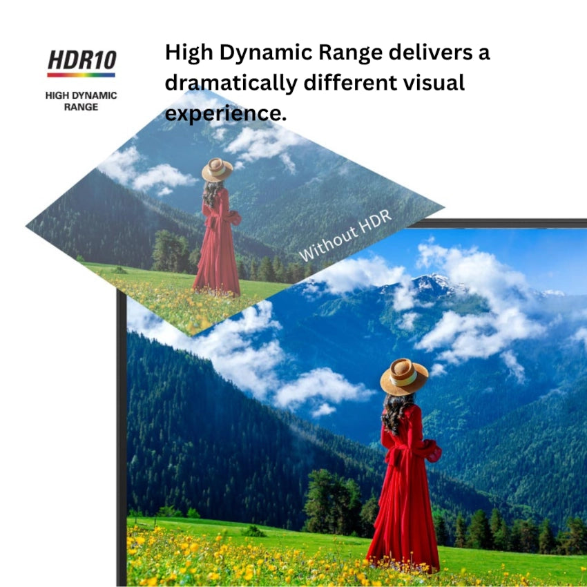 Comparison of High Dynamic Range (HDR) on a nature scene with a woman in a red dress and straw hat.