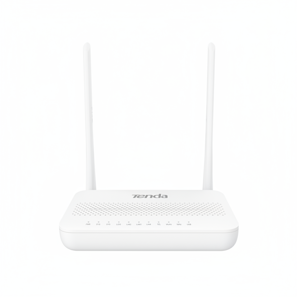 Front view of the Tenda HG6 GPON ONT router with 2 external antennas.

