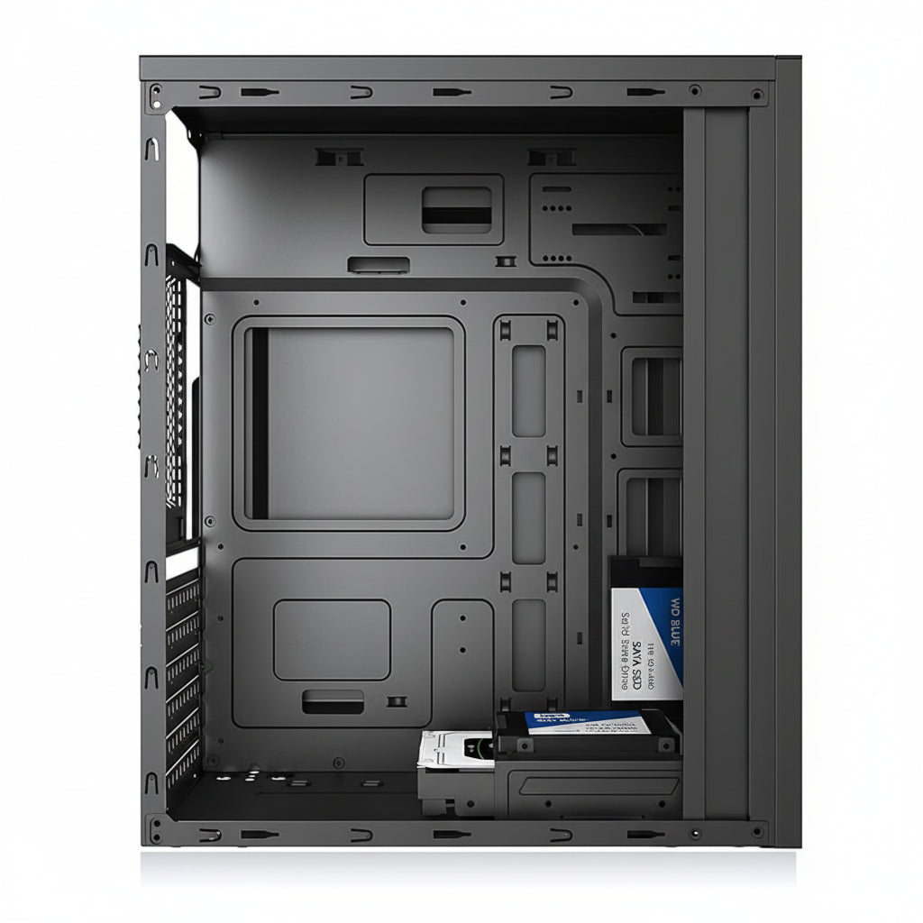 Front view of the Huntkey HK360 black steel ATX mid-tower gaming PC case.

