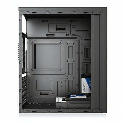 Front view of the Huntkey HK360 black steel ATX mid-tower gaming PC case.

