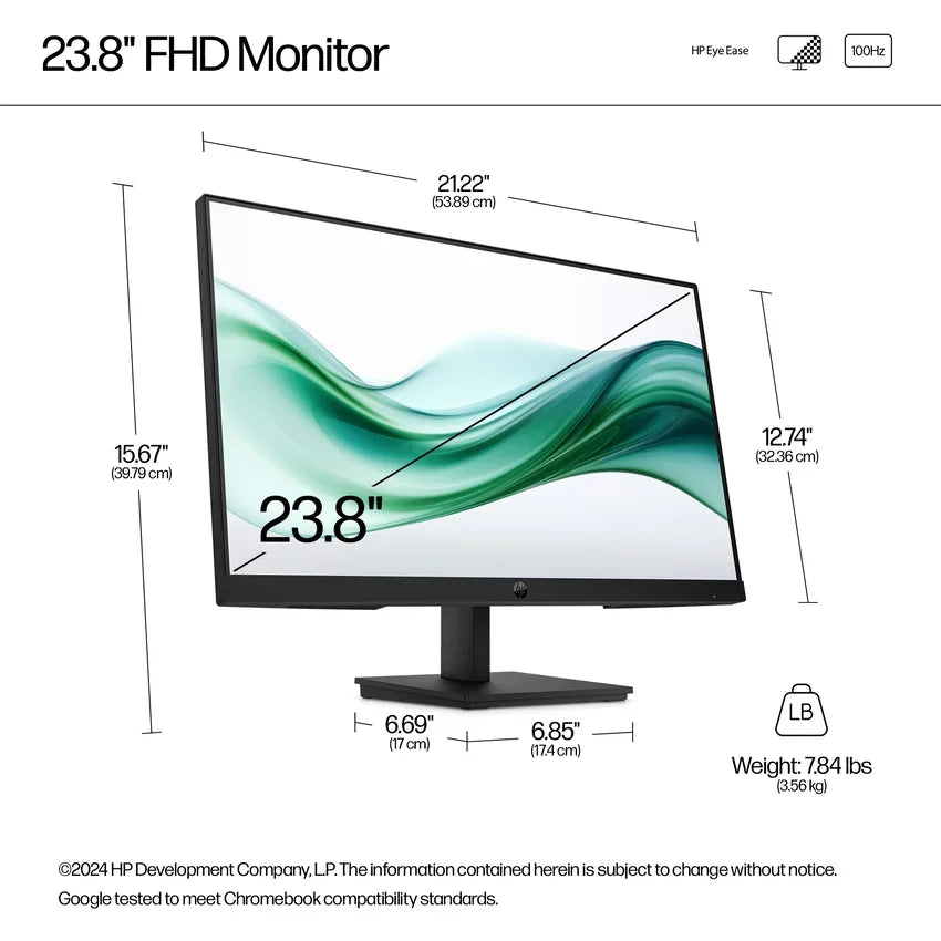 Infographic of the HP Series 3 Pro 23.8" FHD Monitor showing the dimensions and weight