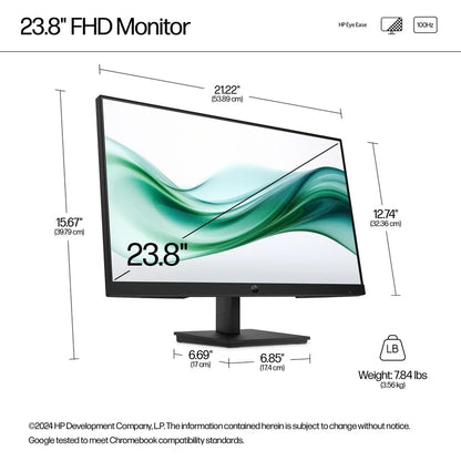 Infographic of the HP Series 3 Pro 23.8" FHD Monitor showing the dimensions and weight