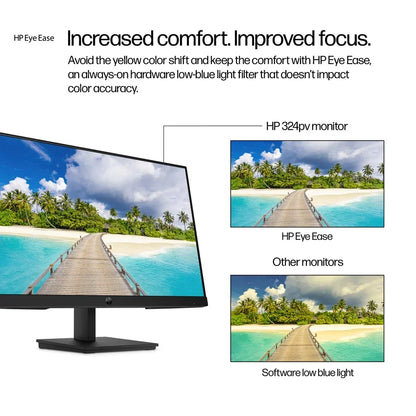 HP monitor with HP Eye Ease low-blue light filter showing a tropical beach scene.