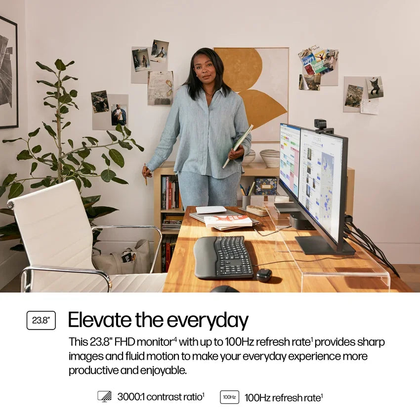 Infographic of the HP Series 3 Pro 23.8" FHD Monitor showing the 100Hz refresh rate, 3000:1 contrast ratio