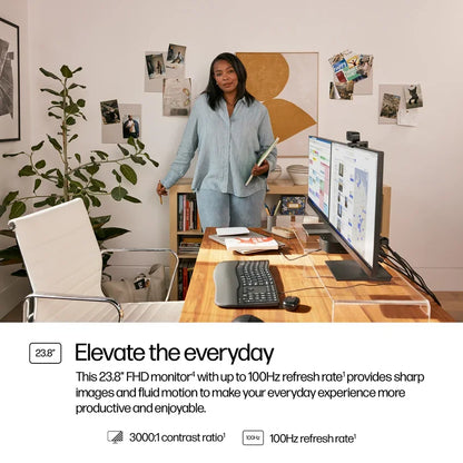 Infographic of the HP Series 3 Pro 23.8" FHD Monitor showing the 100Hz refresh rate, 3000:1 contrast ratio