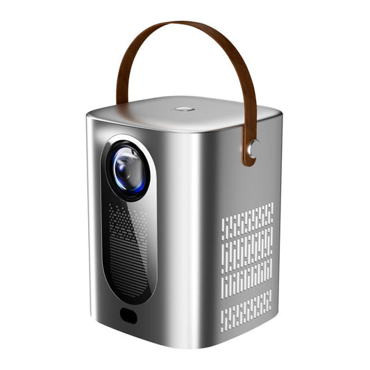 Portable silver projector with a brown handle on a white background