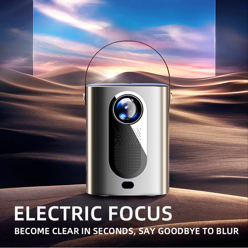 Portable projector on a desert landscape with 'Electric Focus' text