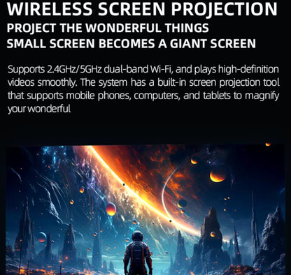 Advertisement for wireless screen projection technology with a futuristic space scene.