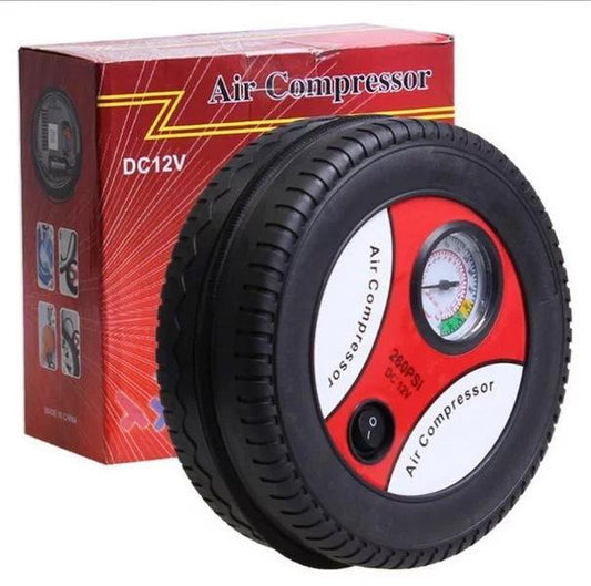 MicroWorld Handy Car Tyre Pump 260 PSI portable inflator with gauge, red/black air compressor and box.