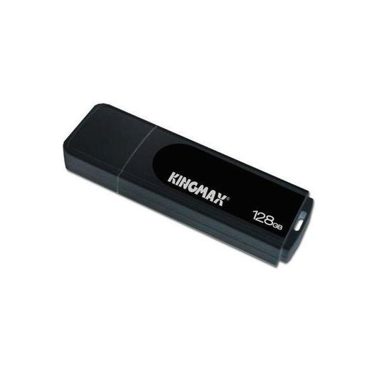 Kingmax 128GB Black flash drive with cap at an angle on a white background