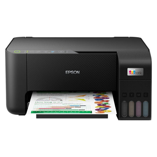 Epson printer with a colorful document on a white background