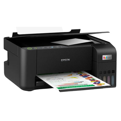 Epson printer with a sheet of paper on a white background