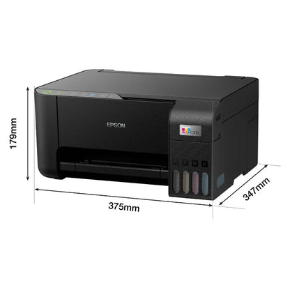 Black Epson printer with dimensions labeled on a white background