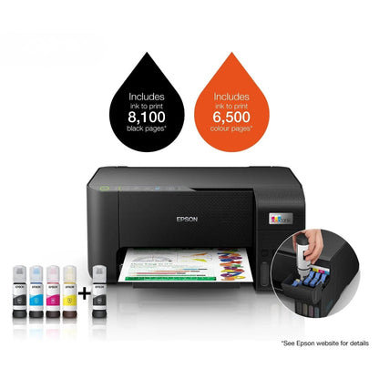 Epson printer with ink cartridges and ink drop graphics on a white background