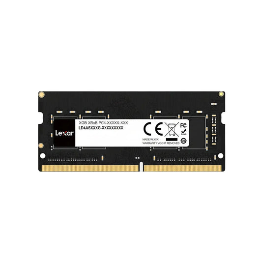 Front view of the black Lexar 8GB DDR4 3200MHz SO-DIMM laptop memory module.

