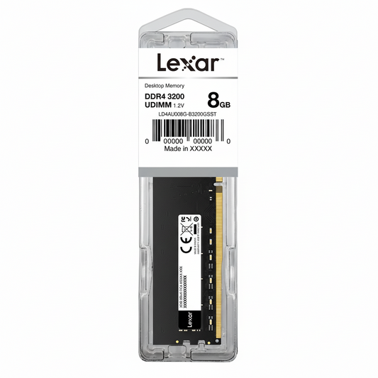 Front view of the Lexar 8GB DDR4 3200MHz UDIMM desktop memory module with black heat spreader.

