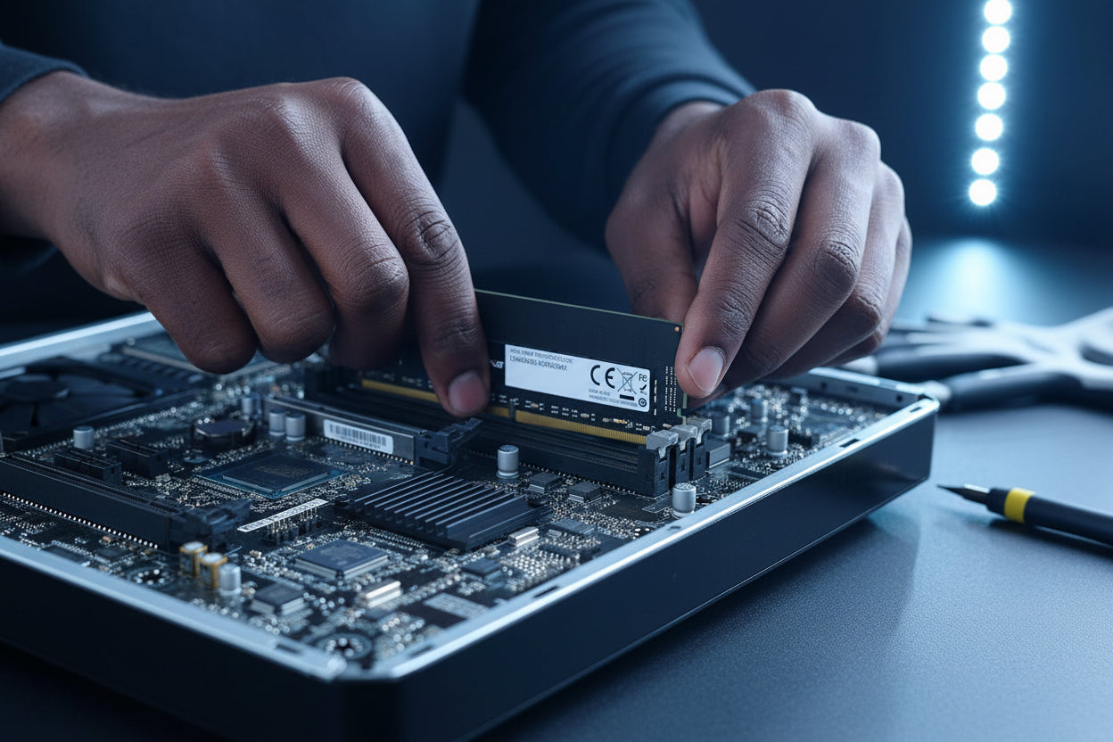 Context image of the memory module installed in a desktop PC motherboard.

