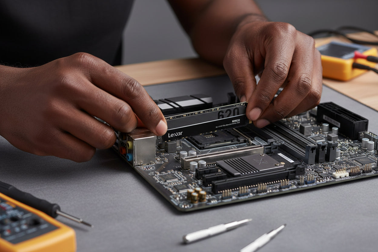 Context image of the SSD installed in a desktop or laptop for gaming or creative workloads.